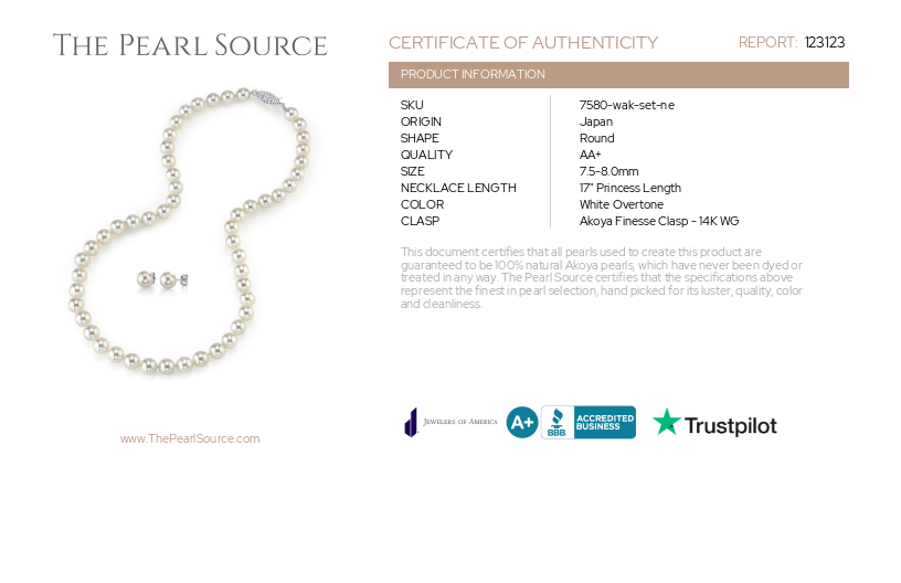 7.5-8.0mm Japanese White Akoya Pearl Necklace & Earrings-Certificate