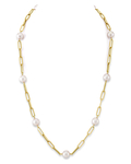 14K Gold Japanese Akoya Pearl & Chain Link Necklace - Model Image