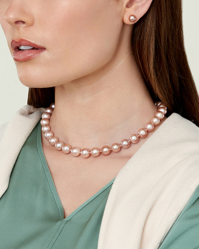 9.5-10.5mm Pink Freshwater Pearl Necklace - AAA Quality - Model Image
