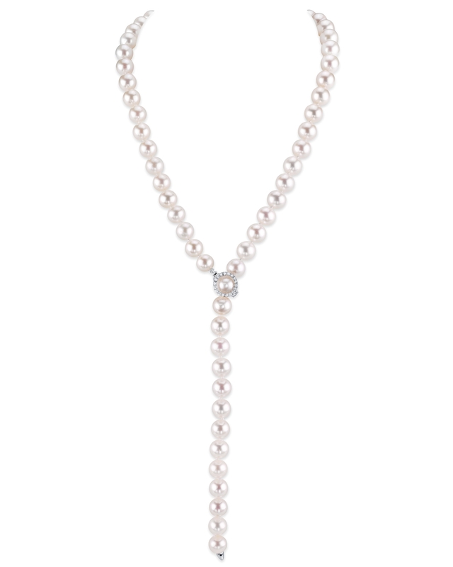 9.5-10.5mm White Freshwater Pearl & Diamond Adjustable lariat Y-Shape Necklace- AAAA Quality