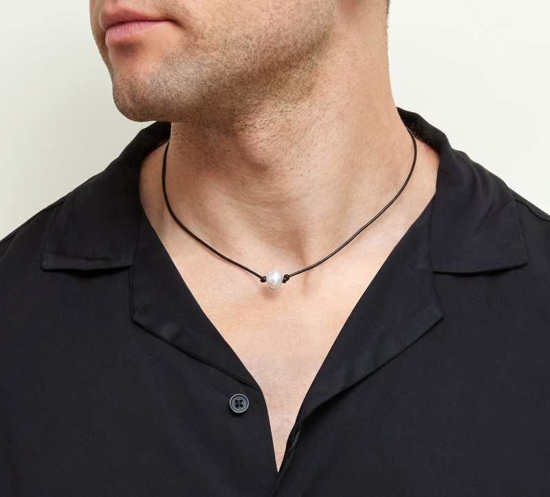 White South Sea Baroque Pearl Leather Necklace for Men - Model Image