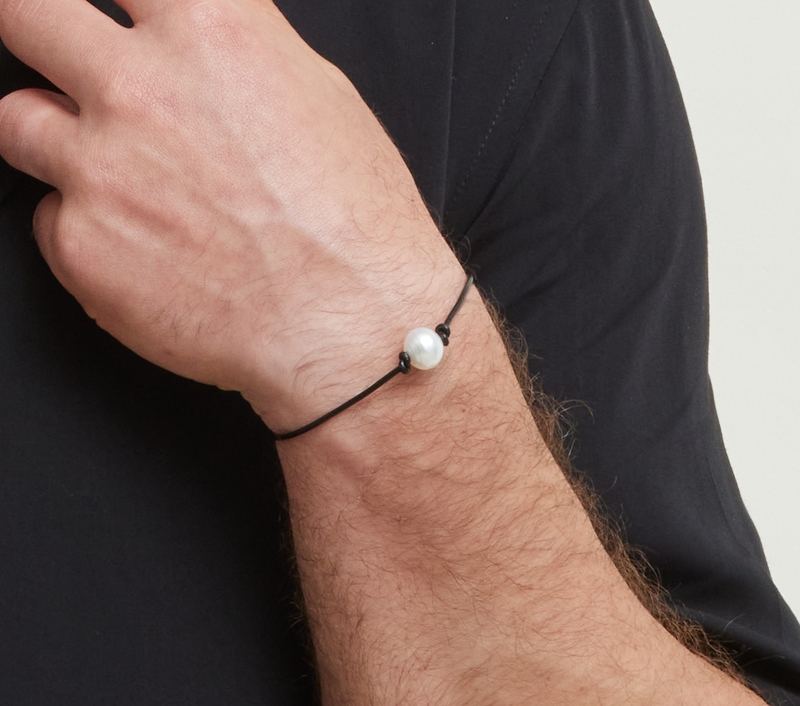 White South Sea Baroque Pearl Leather Bracelet for Men - Model Image