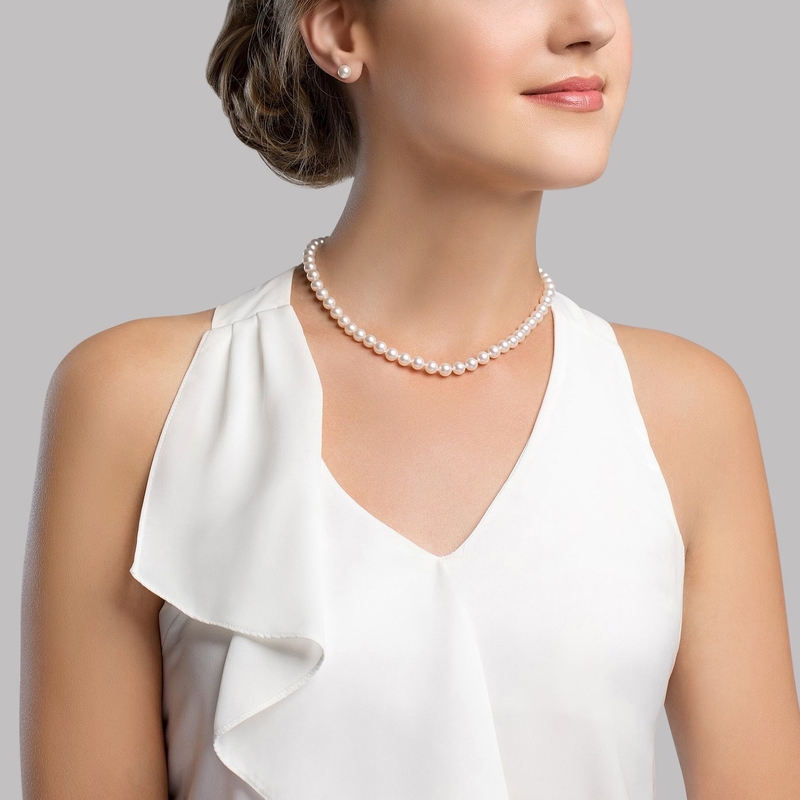 6.0-9.0mm Hanadama Akoya White Pearl Necklace - Model Image