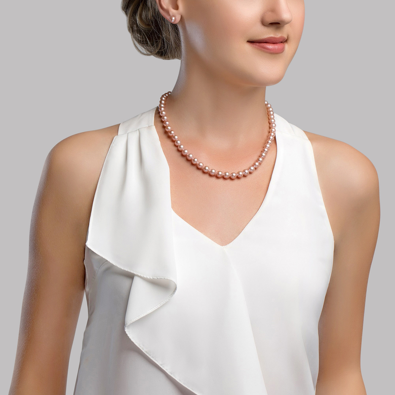 7.0-7.5mm Pink Freshwater Pearl Necklace & Earrings - Model Image