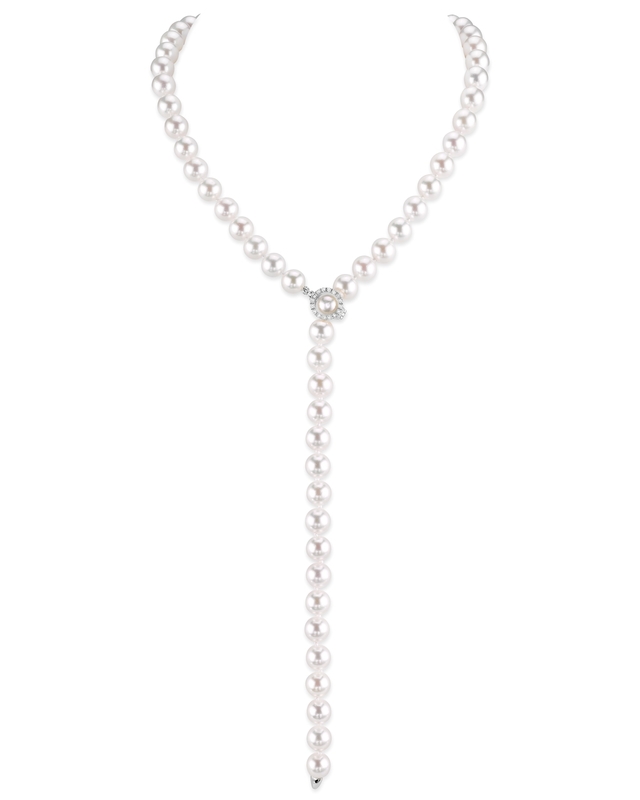 8.0-8.5mm Japanese Akoya White Pearl & Diamond lariat Y-Shape Adjustable Necklace