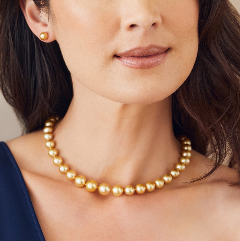 12-15mm Golden South Sea Pearl Necklace - AAA Quality - Model Image