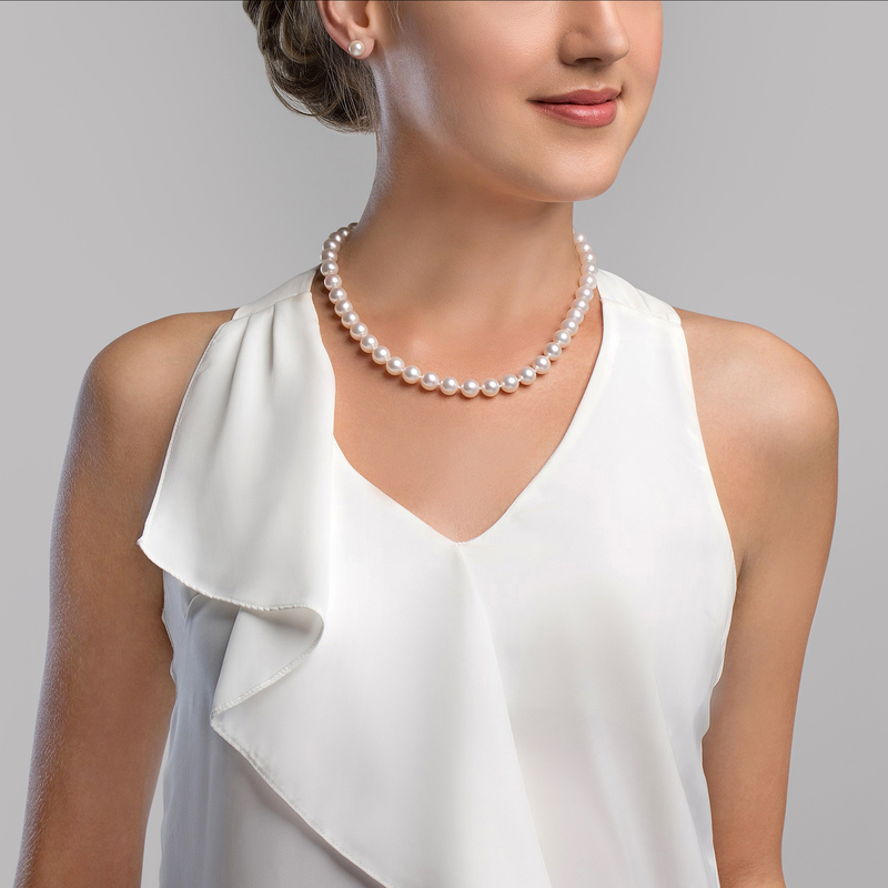 9.0-9.5mm Hanadama Akoya White Pearl Necklace - Model Image
