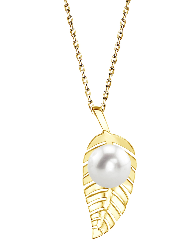 14K Gold Freshwater Pearl Leaf Pendant - Secondary Image