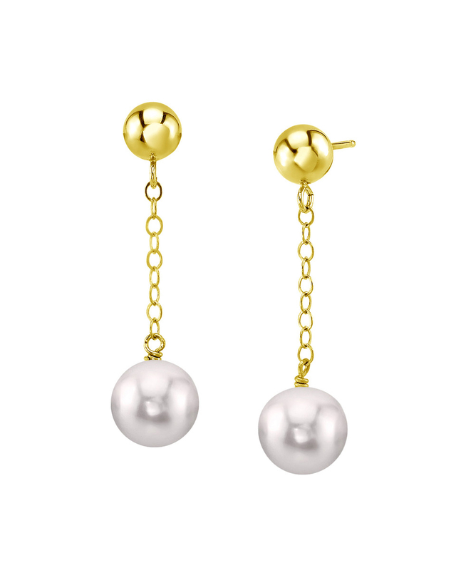 14K Gold Akoya Round Ball Double Chain Earrings - Model Image