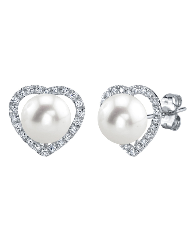 Freshwater Pearl & Diamond Heart Amour Earrings