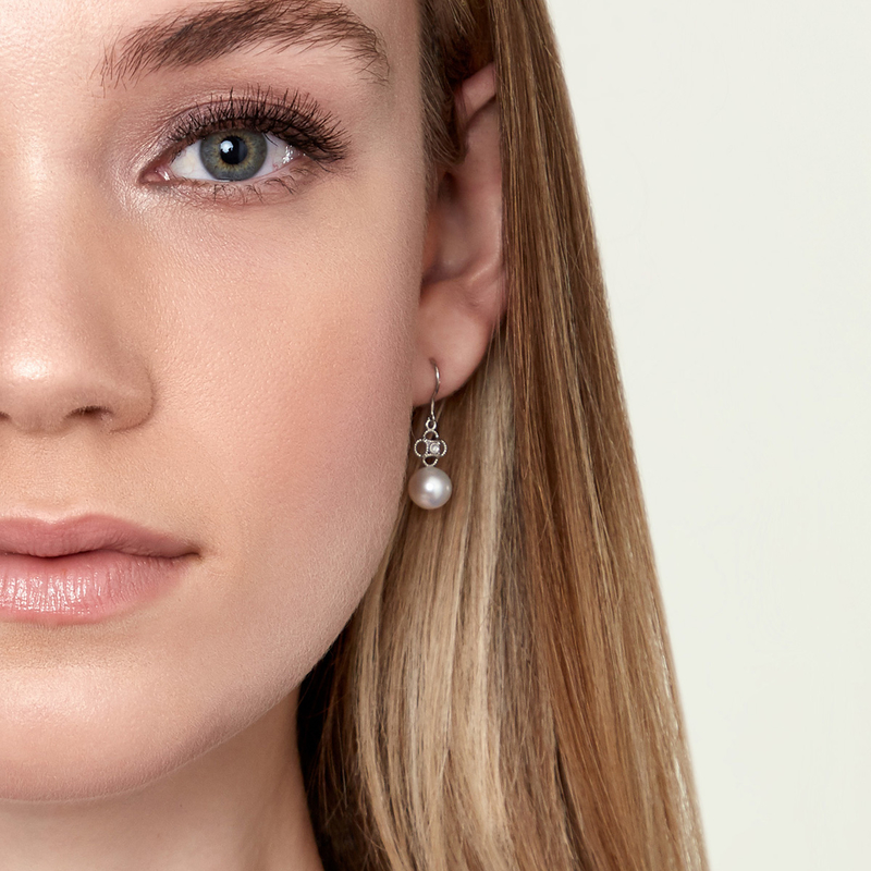 14K Gold Freshwater Pearl & Diamond Lacy Earrings - Model Image