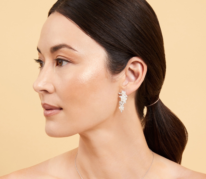 White Freshwater Pearl & Mother of Pearl Flower Magnolia Earrings - Model Image