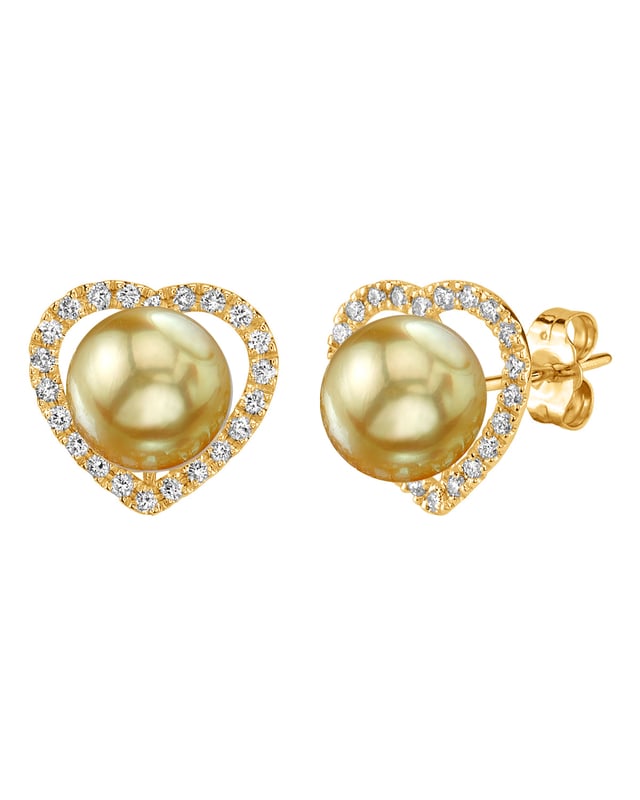 Golden South Sea Pearl & Diamond Heart Amour Earrings