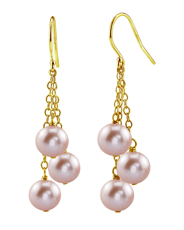 14K Gold Pink Freshwater Pearl Dangling Cluster Earrings - Secondary Image