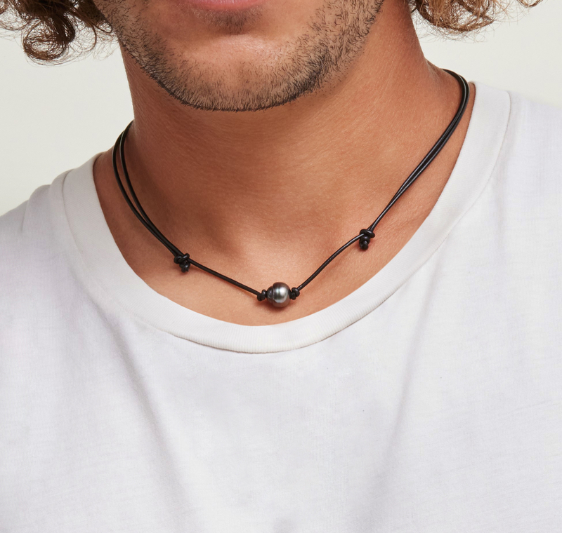 Tahitian Baroque Pearl Leather Adjustable Necklace for Men - Model Image
