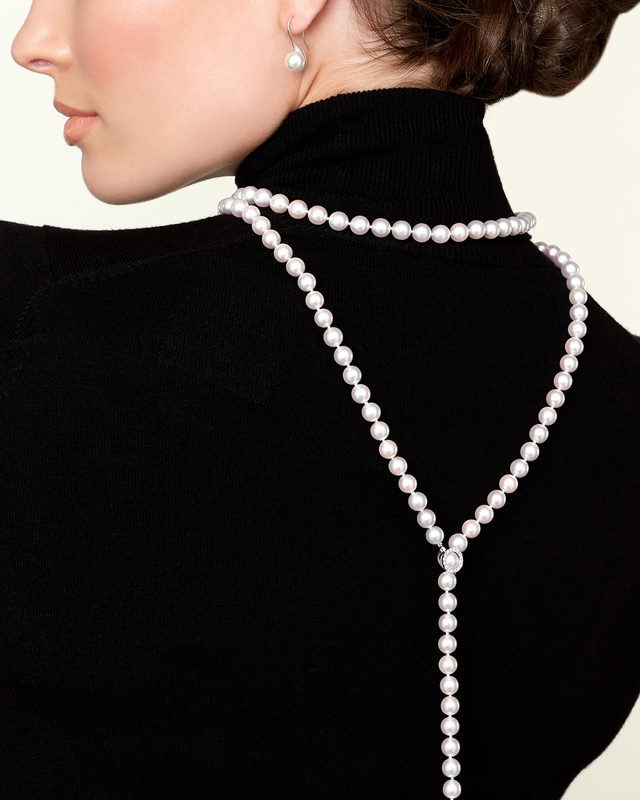 8.0-8.5mm Japanese Akoya White Pearl & Diamond lariat Y-Shape Adjustable Necklace - Model Image
