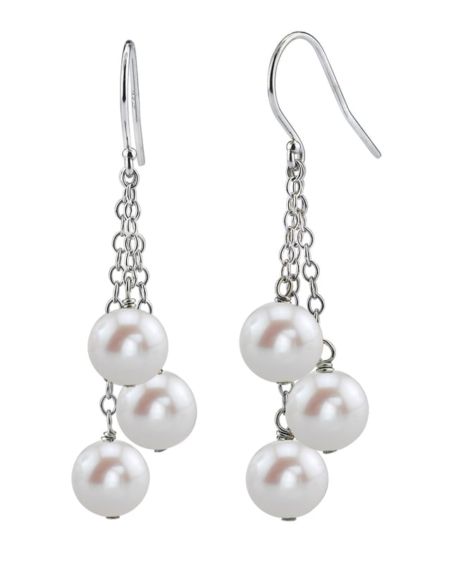 14K Gold White Freshwater Pearl Dangle Cluster Earrings