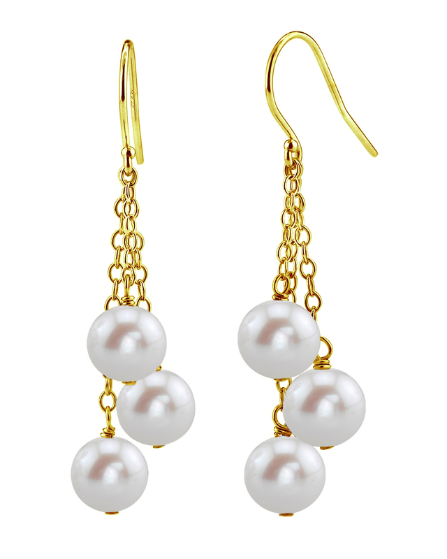 14K Gold White Freshwater Pearl Dangle Cluster Earrings - Secondary Image
