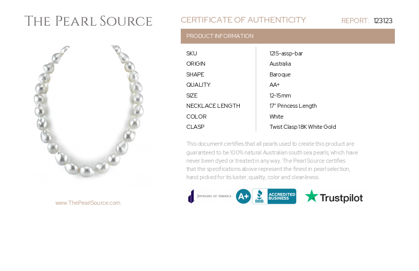 12-15mm South Sea Baroque Pearl Necklace-Certificate