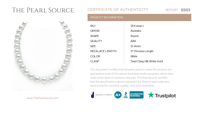 12-14mm White South Sea Pearl Necklace - AAA Quality-Certificate