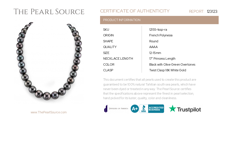 12-15mm Tahitian South Sea Pearl Necklace - AAAA Quality-Certificate