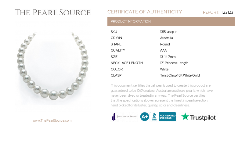 13-14.7mm White South Sea Pearl Necklace - AAA Quality-Certificate
