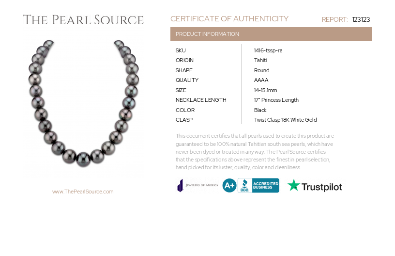 14-15.1mm Tahitian South Sea Pearl Necklace - AAAA Quality-Certificate