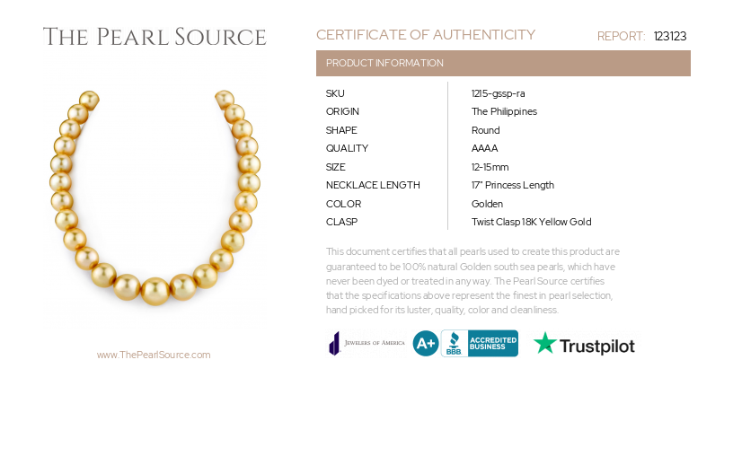 12-15mm Golden South Sea Pearl Necklace - AAAA Quality-Certificate