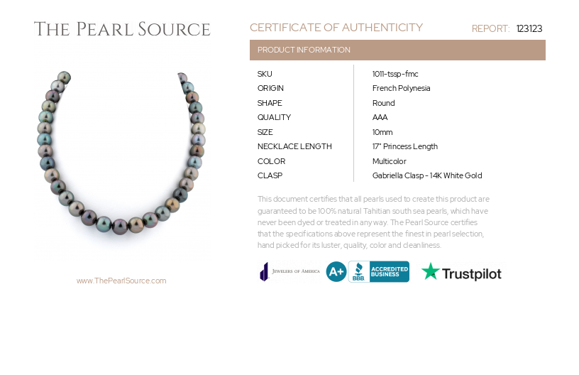 10-11mm Tahitian South Sea Multicolor Pearl Necklace-Certificate