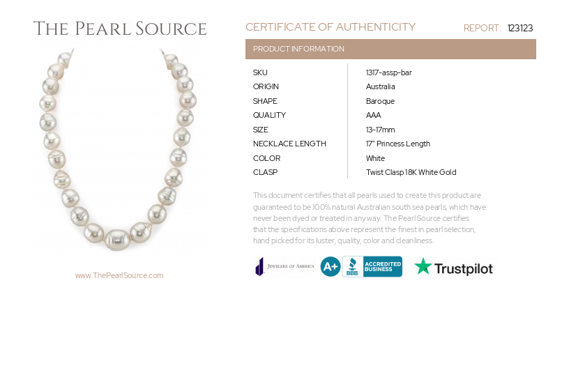 13-17mm White South Sea Baroque Pearl Necklace-Certificate