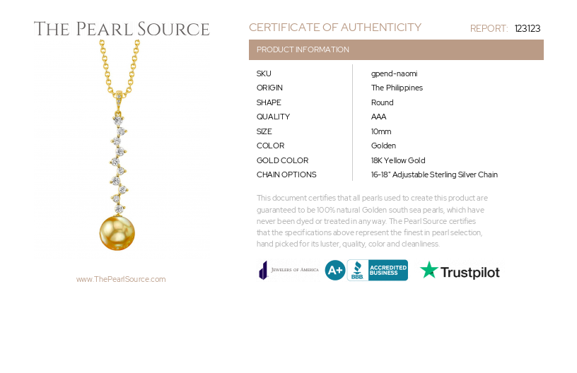 Golden South Sea Pearl & Diamond Naomi Pendant-Certificate