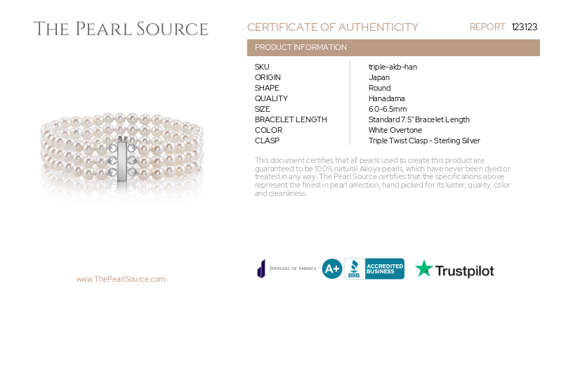 Triple Hanadama Akoya Pearl Bracelet-Certificate