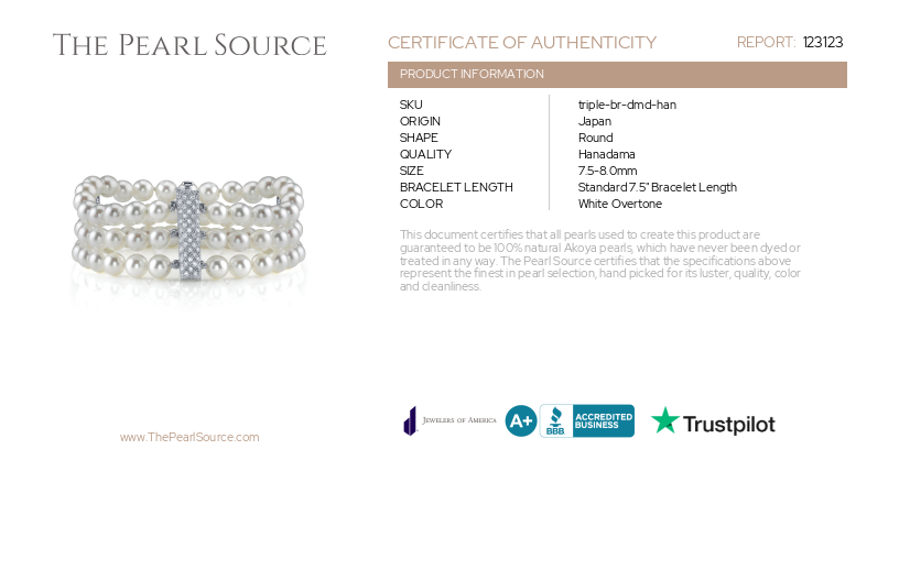 Hanadama Akoya Triple Pearl Bracelet with Diamonds-Certificate