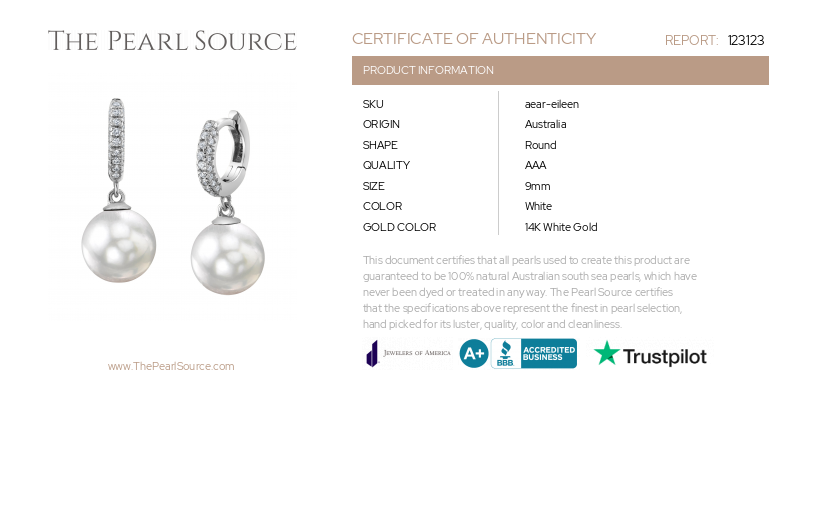 White South Sea Pearl & Diamond Huggie Eileen Earrings-Certificate