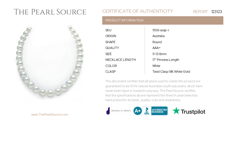 11-13.6mm White South Sea Pearl Necklace - AAA+ Quality VENUS CERTIFIED-Certificate