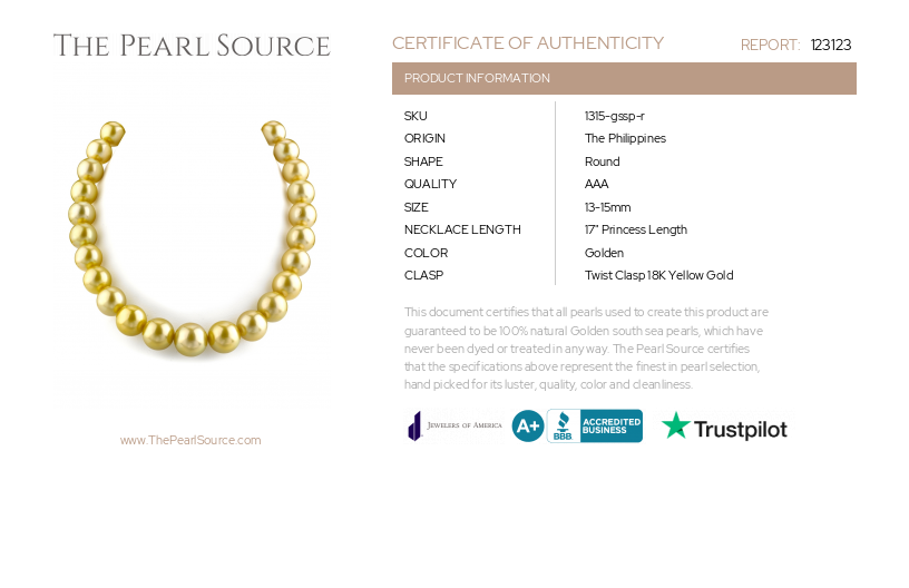 13-15mm Golden South Sea Pearl Necklace - AAA Quality-Certificate