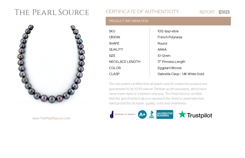10-12mm Eggplant Tahitian South Sea Pearl Necklace - AAAA Quality-Certificate