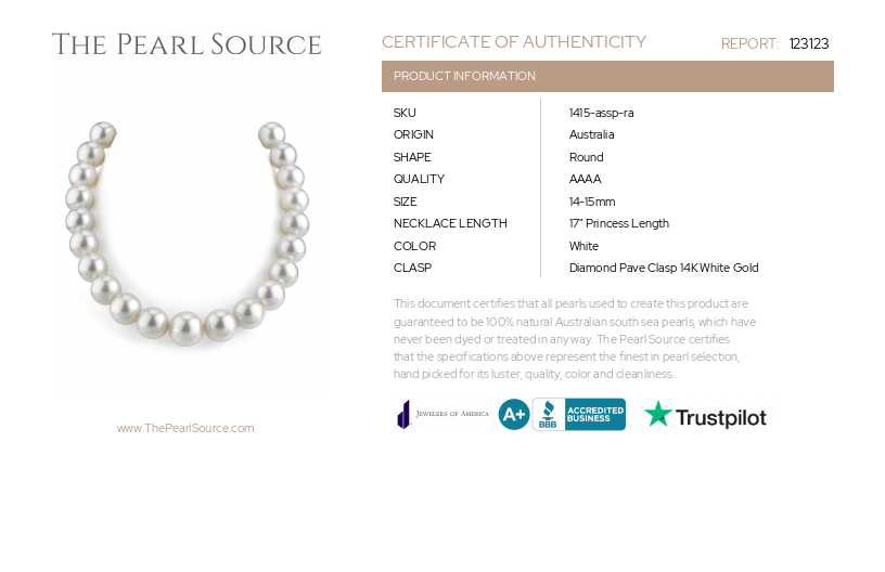 14-15mm White South Sea Pearl Necklace - AAAA Quality-Certificate